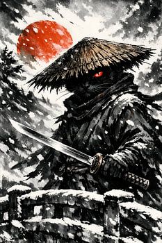 Black Cat Samurai Ronin Katana Winter Sun Sumi-e Ink Illustration