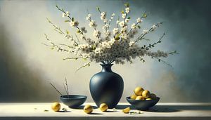 Nature morte élégante avec vase bleu et citrons