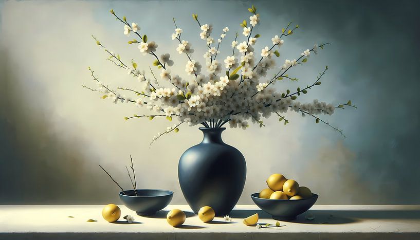 Elegant Still Life with Blue Vase and Lemons by Sanne den Engelsman