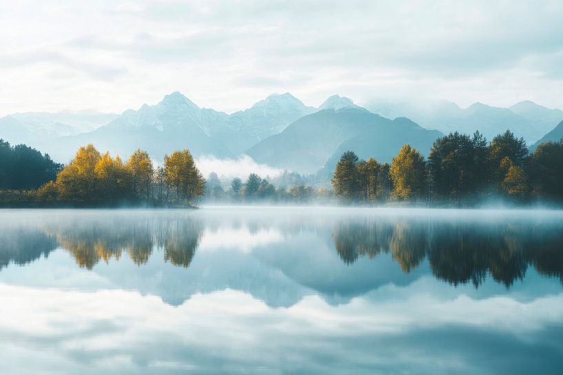 Bergsee Morgennebel von Poster Art Shop