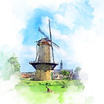 Aquarelldruck vom Mühlenbollwerk in Hulst mit einer Ansicht der Mühle und der Basilika von Hulst, Zeeuws-Vlaanderen.