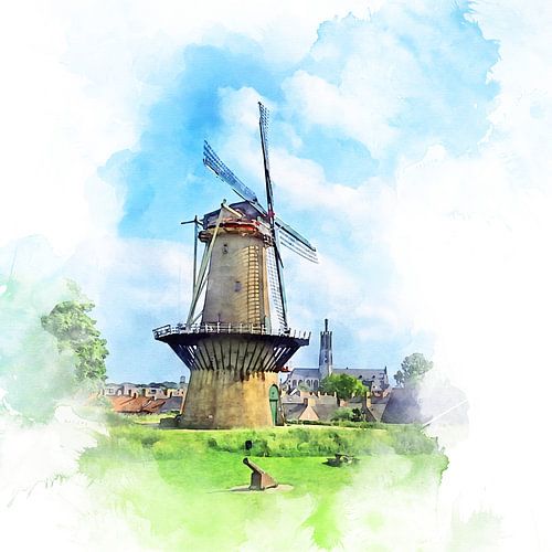 Aquarelldruck vom Mühlenbollwerk in Hulst mit einer Ansicht der Mühle und der Basilika von Hulst, Zeeuws-Vlaanderen.