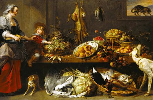 Keukenstilleven met een Meid en Jonge Jongen, Frans Snyders & Jan Boeckhorst