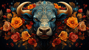 majestätischer Stier mit lebendigen Blumen, die seine Hörner schmücken, Kunstdesign-Gemälde
