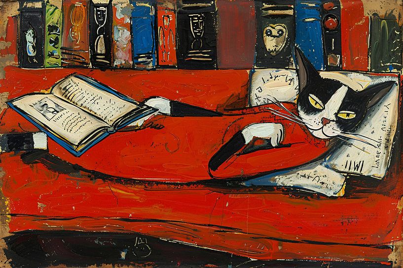 Relaxed cat on sofa with book by Imperial Art House