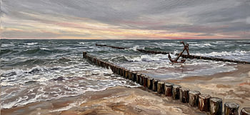 A Baltic Sea idyll with groynes & ’s ‘Anchor’ – Stormy surf on the beach (classical oil painting)