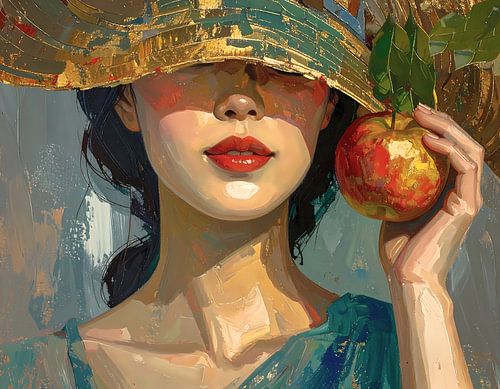 Portret vrouw met appel en zonnehoed