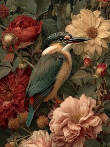 Eisvogel inmitten von Blumen - Botanisches Vintage-Kunstwerk