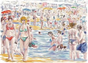 Mensen op strand en badend in het water, fantasietekening