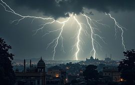 Blitzeinschläge über nächtlichem Stadtbild von Markus Gann