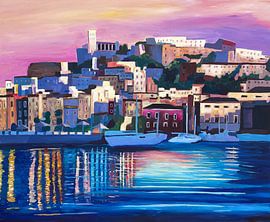 Coucher de soleil reflets sur la côte Méditerranée Ibiza Dalt Vila