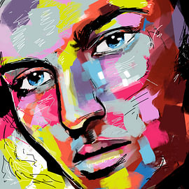 Vibrant Abstract Portrait with Blue Eyes – Colourful Digital Painting by Julian Cross