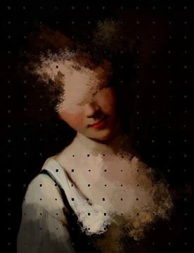 Modern abstract portret van een vrouw in warme bruine kleuren en geometrisch patroon. van Dina Dankers