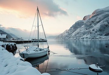 Zonsopgang, fjord en boot van fernlichtsicht