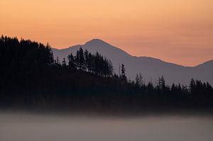 Morning fog and sunrise van Leon Brouwer