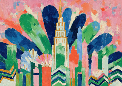 An abstract skyline with colourful skyscrapers and a pink sky by Niklas Maximilian