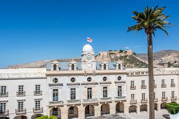 View of Almeria City Hall with a Moorish castle in the background, Andalusia, Spain, Europe by WorldWidePhotoWeb