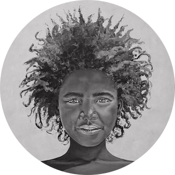 Afro Girl,  zwart wit schilderij van Afrikaans meisje met prachtig afro kapsel van Bianca ter Riet