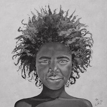Afro Girl,  zwart wit schilderij van Afrikaans meisje met prachtig afro kapsel van Bianca ter Riet