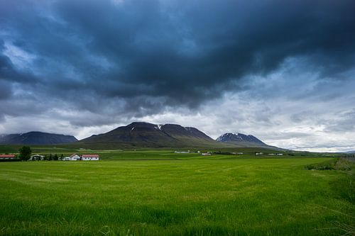 Islande - Prairies et champs verdoyants devant les volcans enneigés dans l'atmosphère sombre de l'orage.