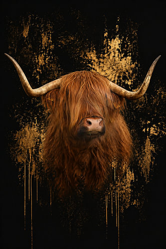 Scottish Highland Cow in Black and Gold – A Majestic Animal Portrait