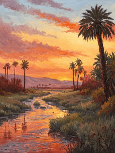 Een rustige woestijnoase bij zonsondergang