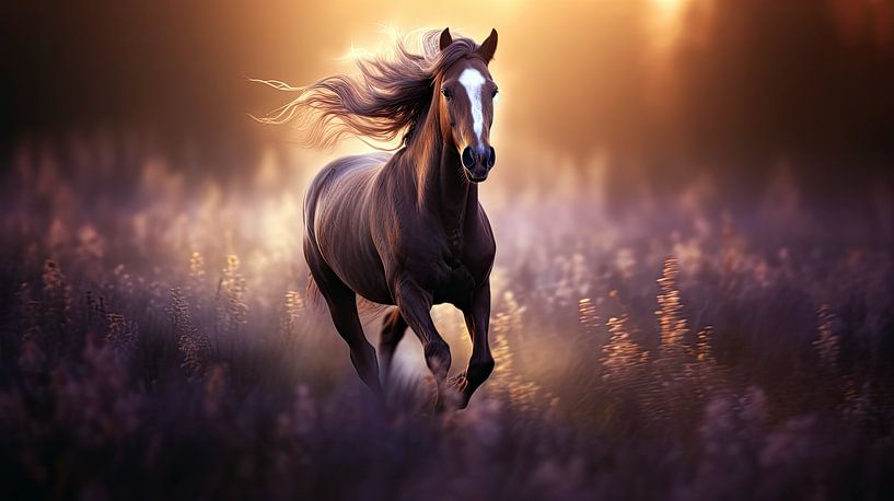 Galoppierendes Pferd bei Sonnenuntergang von Shine by Nous