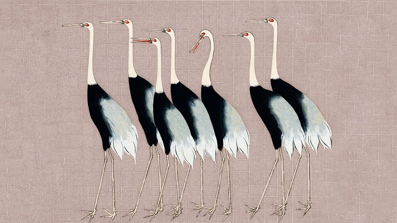 Japan Cranes on Warm Beige by Mad Dog Art