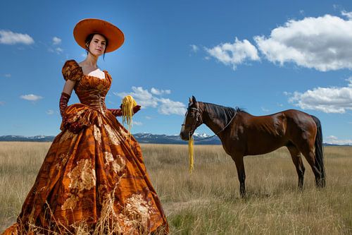 vrouw met paard in weiland