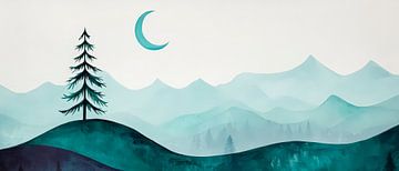 Berglandschap met maan en dennenboom van Poster Art Shop