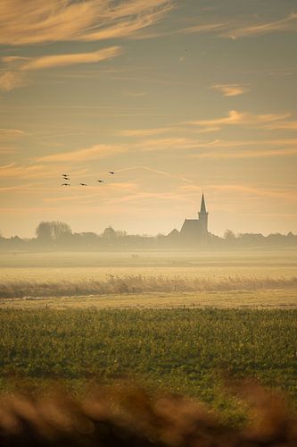 Mistige zonsopgang op Texel met een kerktoren op de achtergrond