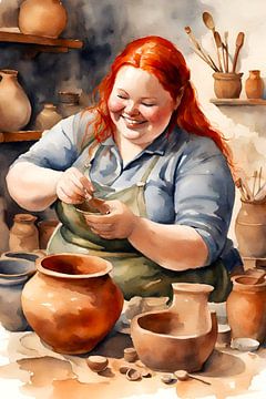 Une femme chaleureuse aux cheveux roux fait cuire des marmites sur De gezellige Dames