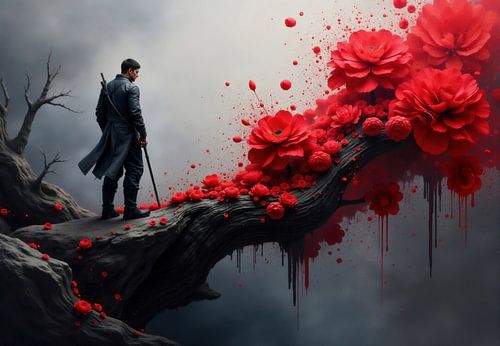 Man in Dark Clothing on Branch with Red Flowers and Dripping Pai