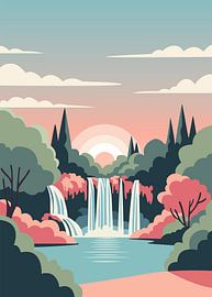 Minimalistische Vektorgrafik, die einen ruhigen Wasserfall und einen üppigen Wald bei Sonnenuntergang zeigt. von Adam Khabibi