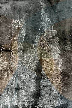 Retro abstracte botanische kunst. Varens in grijs, blauw en donkerbruin van Dina Dankers