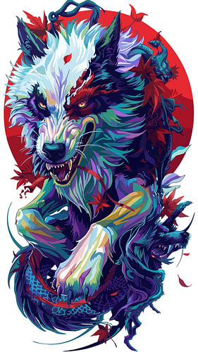 Wolfsdrache im roten Mond – WPAP-Pop-Art-Illustration – Metallposter