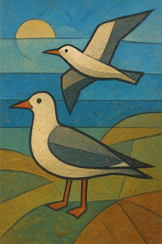 Geometrisch schilderij met zeemeeuwen.