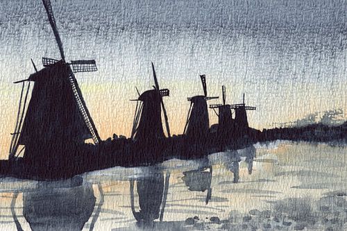 Kinderdijk in de schemering