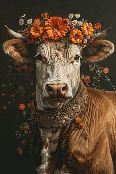 Blumenschmuck und Bauernhofidylle: Eine Kuh mit Blumenkranz als Inbegriff ländlicher Schönheit von Felix Brönnimann