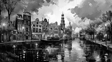 Peinture d'Amsterdam en noir et blanc sur Preet Lambon