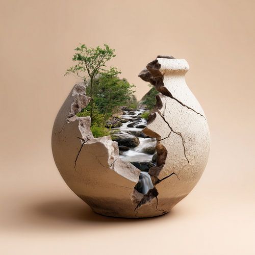 Rivier en boom in gebroken stenen pot