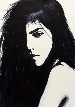 Verzonken gedachten (zwart wit aquarel schilderij naakt portret vrouw sexy dame gothic)