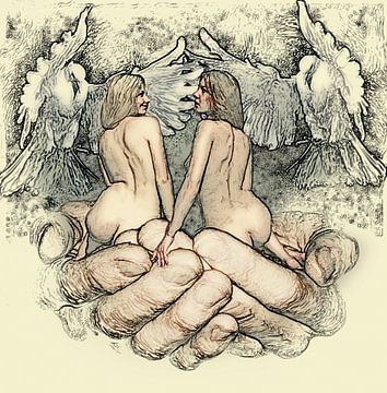 nackte Frauen zusammen in zwei schützenden Händen mit Friedenstaube von Cor Heijnen