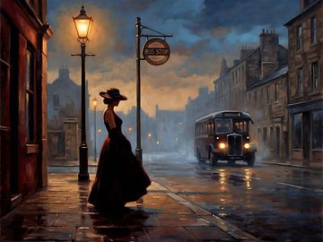 Misty Street Scene with Woman and Bus