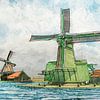 Windmühlen an der Zaanse Schans im Herbst | Aquarellmalerei von WatercolorWall