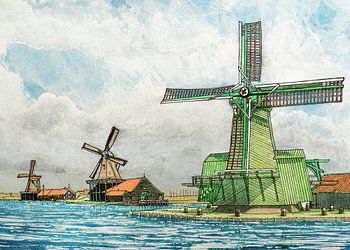 Windmills on the Zaanse Schans at Autumn | Watercolour painting