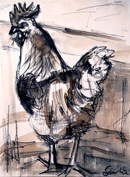 Schilderij van een kip, haantje (17) van Liesbeth Serlie