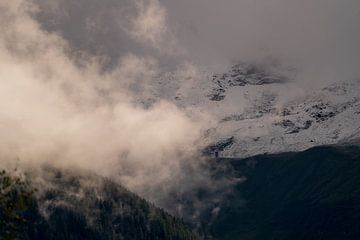 Première neige en fin d'été sur les montagnes par un jour de brouillard sur chamois huntress