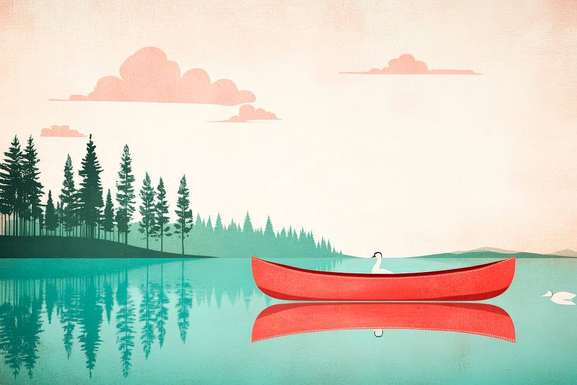 Rote Kanusfahrt in ruhiger Idylle von Poster Art Shop