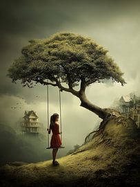 Mädchen auf einer Schaukel, großer Baum, Surrealismus